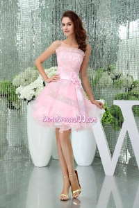 A-line Baby Pink Strapless Ruffles Lace Sash Dama Dress