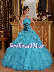 Aqua Blue Ball Gown Sweetheart Floor-length Organza Appliques Quinceanera Dress
