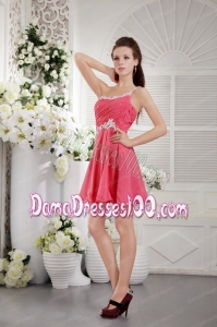Coral Red Column One Shoulder Short Chiffon Appliques and Ruching Dama Dress