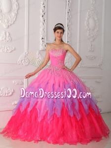 Hot Pink Ball Gown Sweetheart Floor-length Organza Beading and Ruch Quinceanera