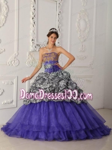 Purple Ball Gown Strapless Chapel Train Zebra and Organza Quinceanera Dress