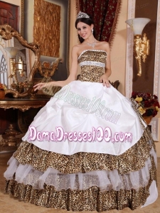 White Ball Gown Strapless Floor-length Leopard Beading Quinceanera Dress