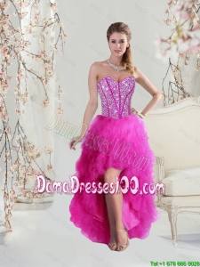 2016 Most Popular High Low Sweetheart Fuchsia Dama Dresses with Beading and Ruffles