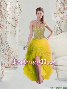 2016 Most Popular High Low Sweetheart Yellow Dama Dresses with Beading and Ruffles