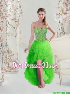 2016 Wholesales High Low Sweetheart Spring Green Dama Dresses with Beading
