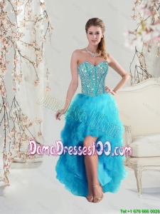 2016 Wholesales Sweetheart Beaded and Ruffles Turquoise Dama Dresses High Low