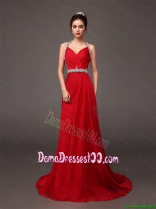 Popular Halter Top Beaded Red Prom Dresses with Brush Train for 2016