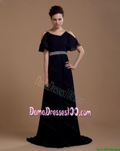 2016 Pretty Empire Straps Prom Dresses with Brush Train in Navy Blue