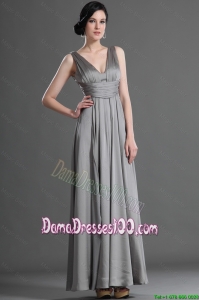 Beautiful V Neck Ruching Taffeta Dama Dress in Grey for 2016