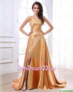 Gorgeous Ruching and Appliques Gold Prom Dresses with Brush Train