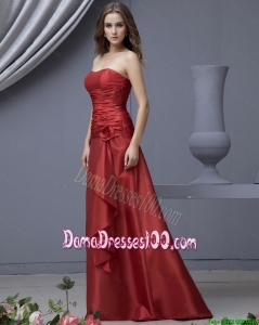 Modern Column Strapless Prom Dresses with Ruching and Hand Made Flowers