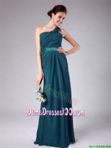 Popular One Shoulder Floor Length Dama Dresses with Ruching