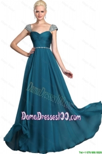 2016 Gorgeous Beaded Teal Cap Sleeves Prom Dresses with Straps