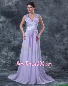 2016 Pretty Empire V Neck Dama Dresses with Beading in Lavender