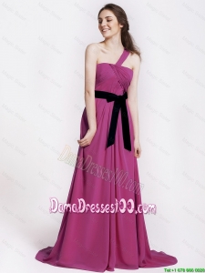 Comfortable One Shoulder Ruching and Belt Hot Pink Dama Dress for 2016