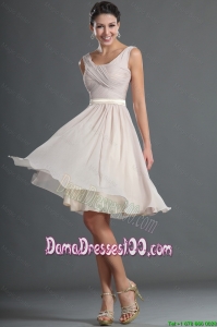 Customized Short Ruching and Belt Dama Dresses in Champagne for 2016