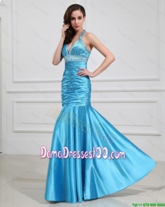 Sweet Mermaid Halter Top Dama Dresses with Beading in Baby Blue