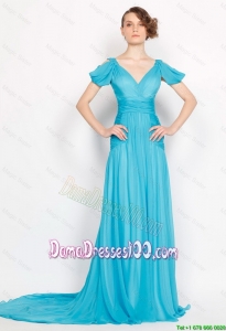 Classical V Neck Brush Train Ruched Dama Dresses in Aqua Blue