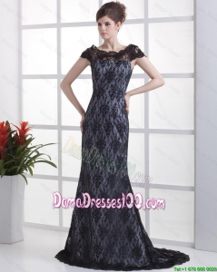 Luxurious Column Lace Black Dama Dresses with Brush Train for 2016