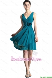 Pretty 2016 Teal V Neck Dama Gown with Hand Made Flowers