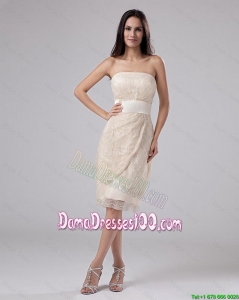 Pretty Strapless Laced and Belt Tea Length Dama Gowns in Champagne