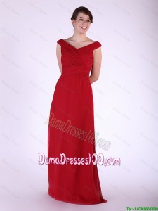 2016 New Arrival V Neck Wine Red Long Dama Dress with Ruching