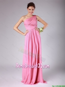 Classical Empire One Shoulder Rose Pink Dama Dresses with Ruching