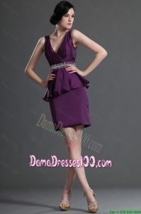 Most Popular V Neck Short Eggplant Purple Dama Dresses with Beading