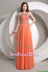 Elegant Beaded Empire Orange Prom Dresses with Halter Top