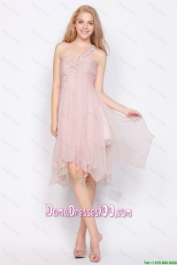 Luxurious One Shoulder Beading Prom Dresses in Light Pink