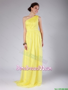 Elegant One Shoulder Sashes Yellow Dama Dresses with Sweep Train for 2016