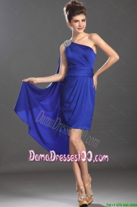 Beautiful Column One Shoulder Blue Dama Dresses with Beading