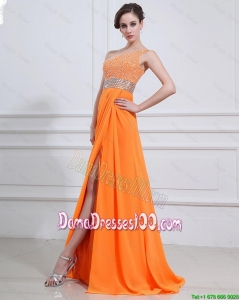 Exquisite Beading and High Slit Orange Dama Dresses with Brush Train
