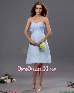 Gorgeous Ruching and Hand Made Flower Short Dama Dress in Light Blue