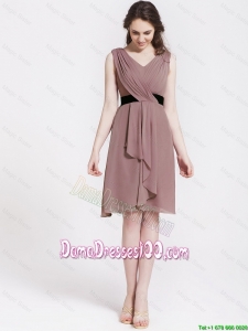 Perfect Short V Neck Ruching and Belt Dama Dresses in Brown for 2016