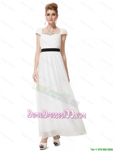Pretty Empire Square Ankle Length White Dama Dresses with Sashes