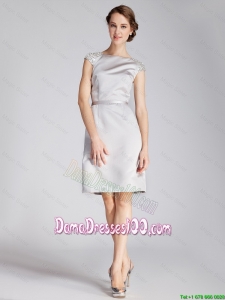 Cheap Silver Bateau Short Dama Dresses with Beading and Belt for 2016