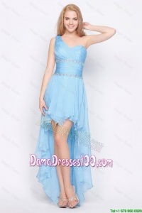 Simple One Shoulder Beading High Low Dama Dresses in Baby Blue