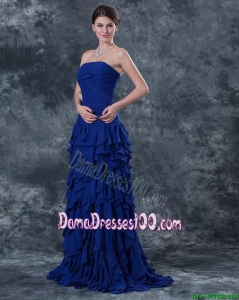 Luxurious Strapless Blue Dama Dresses with Ruffles and Ruching