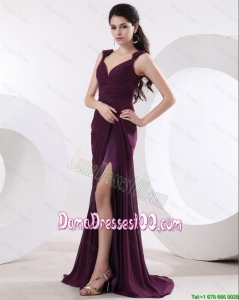 Most Popular Straps Brush Train Long Purple Dama Dresses with High Slit