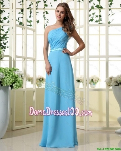 Wonderful One Shoulder Belt and Ruffles Aqua Blue Long Dama Dresses