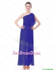 Pretty One Shoulder Blue Dama Dresses with High Slit