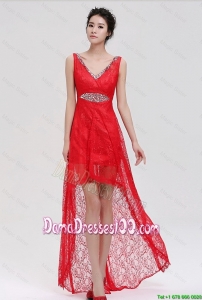 Pretty V Neck Laced and Beaded Red Dama Dresses with High Low