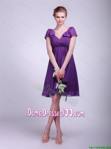 Brand New Short V Neck Ruching Purple Cap Sleeves Dama Dresses for 2016
