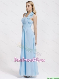 Gorgeous Halter Top Ruffles and Belt Baby Blue Dama Dresses for 2016
