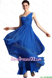 Popular Blue Empire One Shoulder Dama Dresses with Ankle Length
