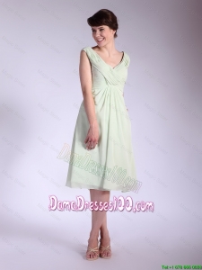 Popular V Neck Ruched Dama Dresses with Tea Length