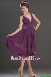 Wholesales V Neck Short Dama Dresses in Eggplant Purple
