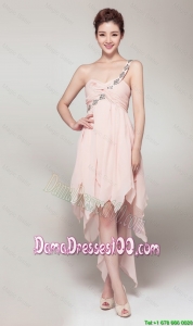 2016 New Arrival High Low Baby Pink Dama Dress with Appliques and Ruching