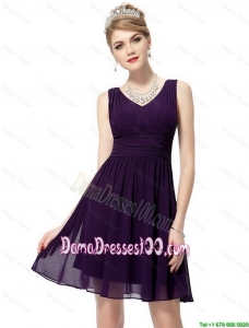 Beautiful V Neck Dark Purple Dama Dresses with Ruching